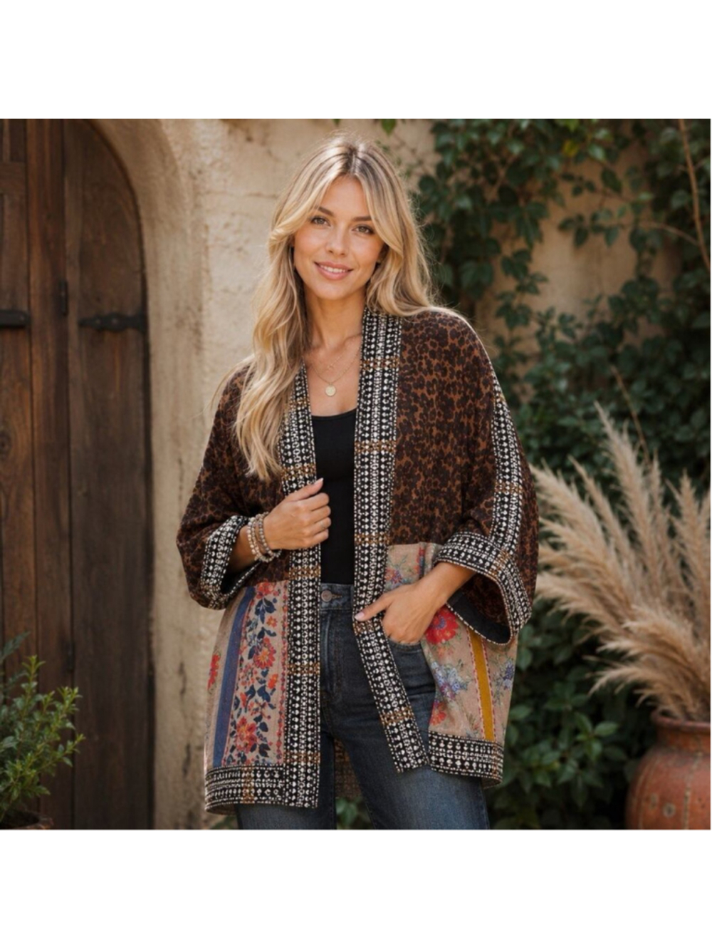 John Mark Patchwork Artsy Floral Embroidered Open Front 3/4 Sleeve Kimono S